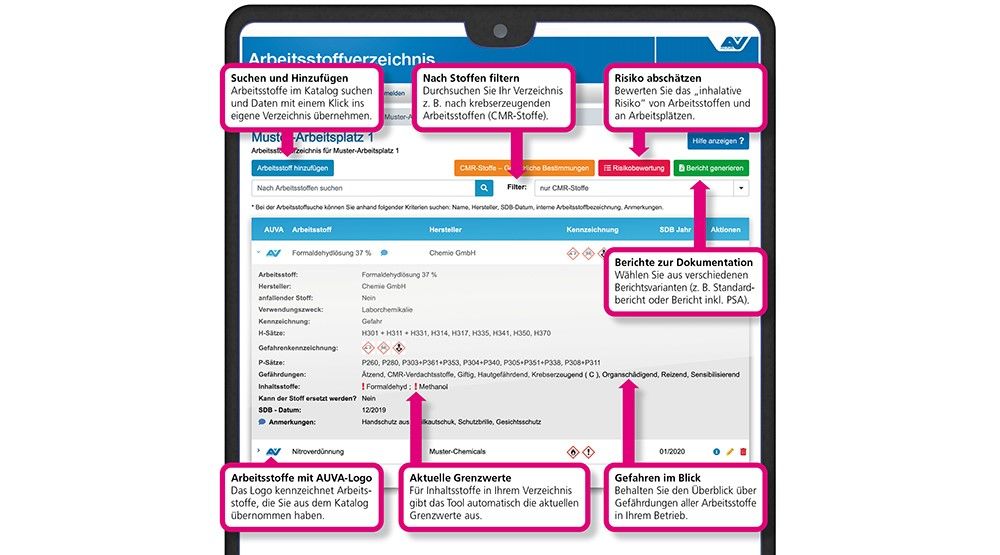 Online-Tool "AUVA-Arbeitsstoffverzeichnis" – Kampagne: Gib Acht, Krebsgefahr!